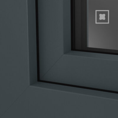 Basaltgrau Satin Nahaufnahme eines grauen Fensterrahmens mit modernen, klaren Linien und einem stilvollen Rechteckdesign, das Eleganz und Funktionalität vereint.