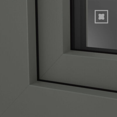 Kwarc Satin Nahaufnahme eines grauen Fensterrahmens mit klaren Linien und einem dezenten quadratischen Designmotiv. Ideal für moderne Architekturprojekte.