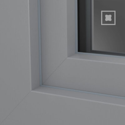 Signalgrau Satin Detailaufnahme eines modernen, grauen Fensterrahmens mit klaren Linien und präzisen Kanten, geeignet für hochwertige Architektur und Designprojekte.
